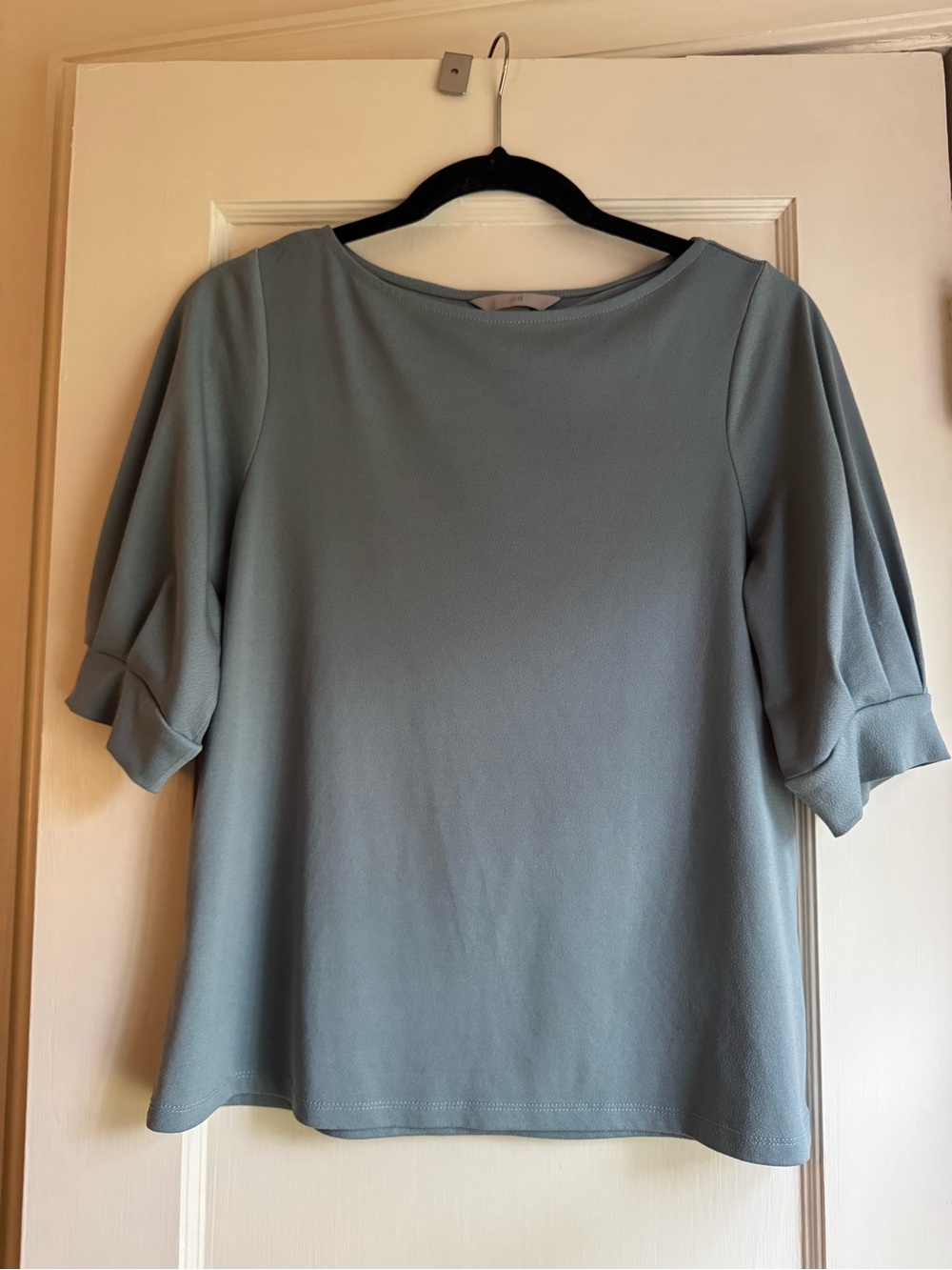 H&M Light Blue/Sage Green Puff Sleeve Boatneck Blouse